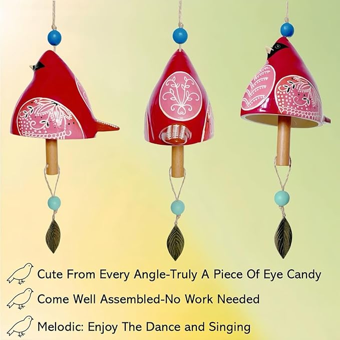 Cute Ceramic Wind Chimes for Outside and Indoor, Memorial Windchime with Soothing Melodic Tones, Gifts for Mom, Garden Patio Balcony Home Decor Hanging Windchimes (Single Bird-Red)