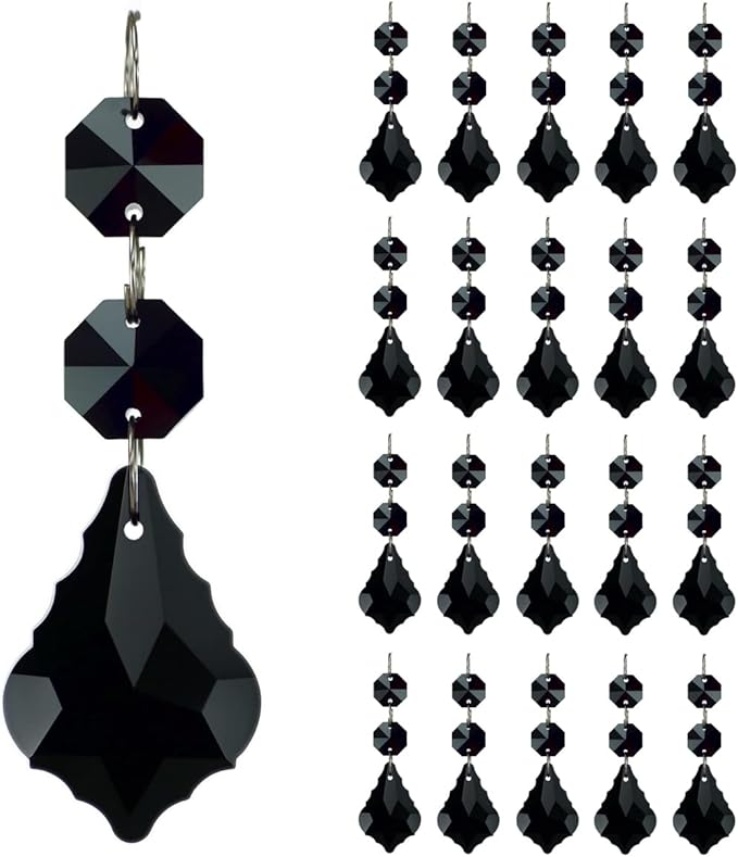 20pcs Crystal Maple Leaf Chandelier Prisms Replacement Pendant Connected Glass Octagon Beads Chain for Wedding Christmas Decoration 38mm (Black)