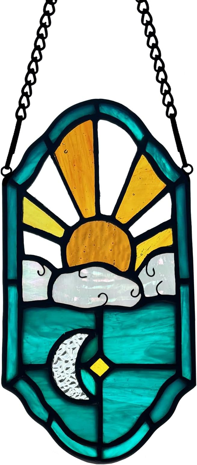 Stained Glass Sun and Moon Decor Window Hanging Suncatchers Ornament,Handcrafted Tiffany Style Sun Catcher Decor Gifts for Bedroom Livingroom