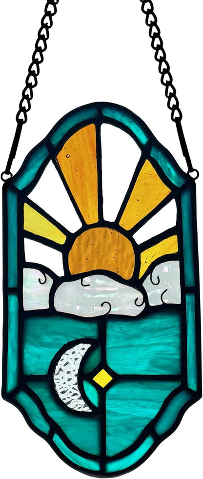 Stained Glass Sun and Moon Decor Window Hanging Suncatchers Ornament,Handcrafted Tiffany Style Sun Catcher Decor Gifts for Bedroom Livingroom