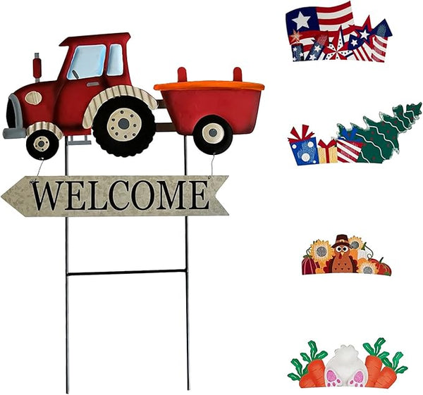 Vintage Metal Truck Yard Stake with Seasonal Sign Loads Metal Easter Welcome Sign for Outdoor Merry Christmas 4th of July Fall Harvest Spring Easter Garden Lawn Pathway Decor