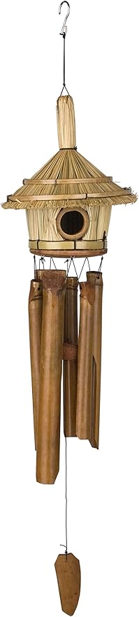 Woodstock Chimes Asli Arts Collection, Thatched Roof Birdhouse Bamboo Chime, 32'' Bamboo Wind Chimes for Outdoor, Patio, Home or Garden Décor (C707)