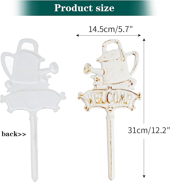 Sungmor Vintage Cast Iron Decorative Garden Stake, Rustic White Welcome Yard Art Sign with Stake, 12.6" Tall Metal Watering Can Stake with Welcome Sign, Lawn Patio Backyard Outdoor Spring Decor