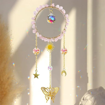 Crystal Sun Catcher, Natural Rose Quartz Crystal Suncatcher Hanging for Indoor Window, Dream Catchers for Car, Spiritual, Rainbow Maker
