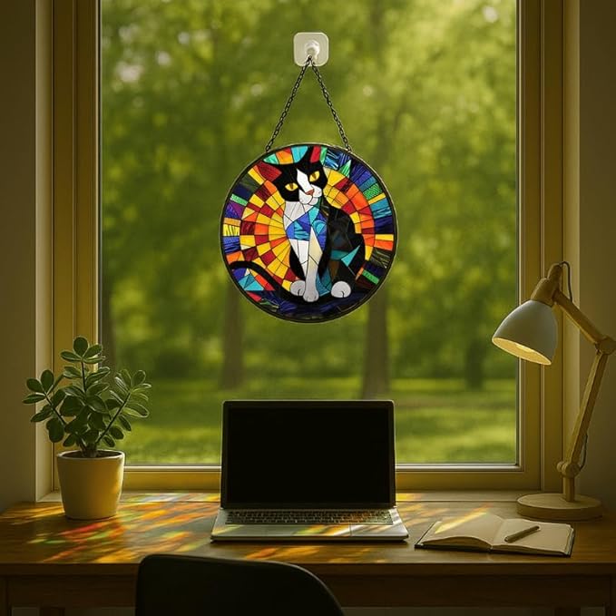 Stained Glass Window Hanging - Tuxedo Cat Rainbow Pattern 7.8in Sun Catchers Indoor Stained Glass Panels Wall Decor for Mom, Wife, Lovers, Festive