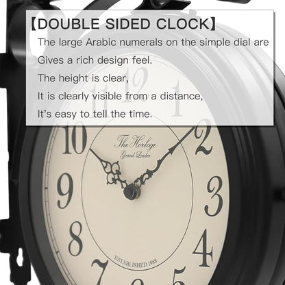 BESTIME 66276B Double Sided Metal Wall Clock with Black Frame.Dial: 10-Inch,Quiet,Easy Read,Retro Station,Antique Hanging Clocks for Garden,Home Decor,Indoor,Outdoor,Living Room.