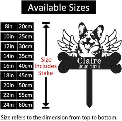 Custom Metal Dog Corgi Memorial Stake with Wings, Personalized Dog Grave Marker with Bone Stake Outdoor Yard Garden Sign Tombstone, Customized Dogs Corgi Remembrance Plaque Pet Loss Gifts