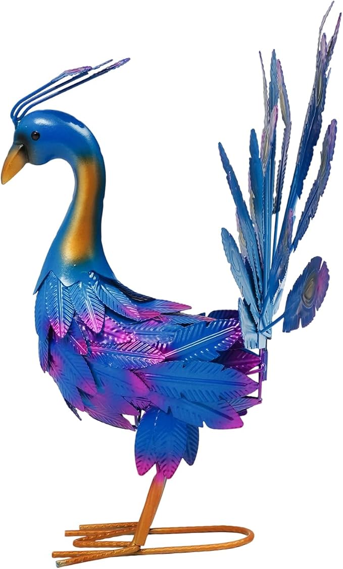 4 Pcs Metal Peacock Statue Set, Colorful Iron Garden Decor Outdoor, Vibrant Tail Spread Peacock Yard Art Sculpture for Patio Lawn Entryway, Weather Resistant Housewarming Gift