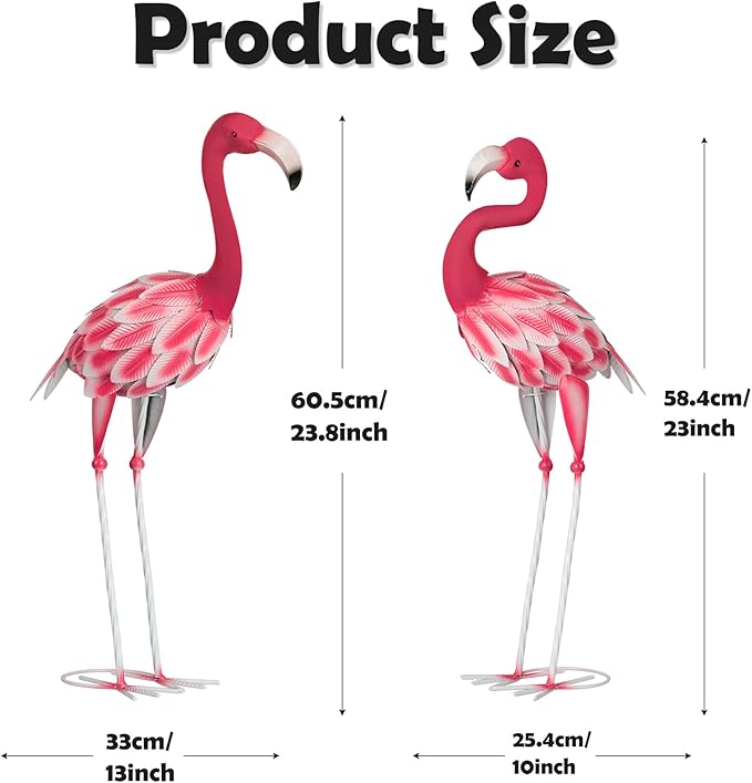 Set of 2 Pink Flamingo Outdoor Statues, Metal Yard Flamingo for Garden Patio Lawn Backyard Decorations