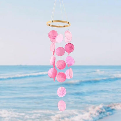 Handmade Capiz Wind Chimes for Outside, Outdoor Seashell Hanging Beach Coast Ocean Home Decorative, Unique Natural Shell Waterfall Windchimes for Summer Patio, Great Memorial Sympathy Gift（Pink