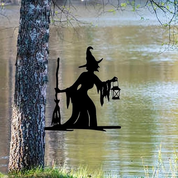 Witch Lantern on Branch Steel Silhouette Outdoor Decor Metal Wall Art Home Garden Yard Patio Outdoor Statue Stake Decor, Black