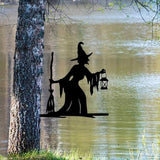 Witch Lantern on Branch Steel Silhouette Outdoor Decor Metal Wall Art Home Garden Yard Patio Outdoor Statue Stake Decor, Black