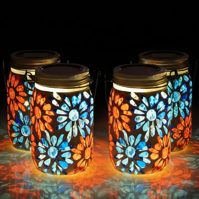 Starsoul 4 Pack Solar Lanterns Outdoor Waterproof, Mosaic Flowers Glass Solar Hanging Outdoor Lights, Decorative Solar Lantern for Outside Pathway Patio Porch Yard Decor