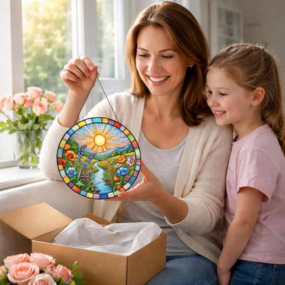 Stained Glass Window Hanging, Scenery Sun Catchers Stained Glass Panels for Indoor Windows Wall Art Decor, Birthday Gift for Mom Women Wife Men Lovers (7.87inch)