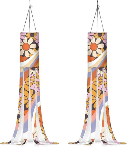 Hippie Flower Windsocks Outdoor Hanging Decoration for Home Yard Patio Lawn Garden Balcony Tree Party Wind Sock with Tails Autumn Floral Decor