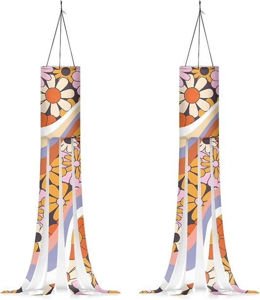 Hippie Flower Windsocks Outdoor Hanging Decoration for Home Yard Patio Lawn Garden Balcony Tree Party Wind Sock with Tails Autumn Floral Decor