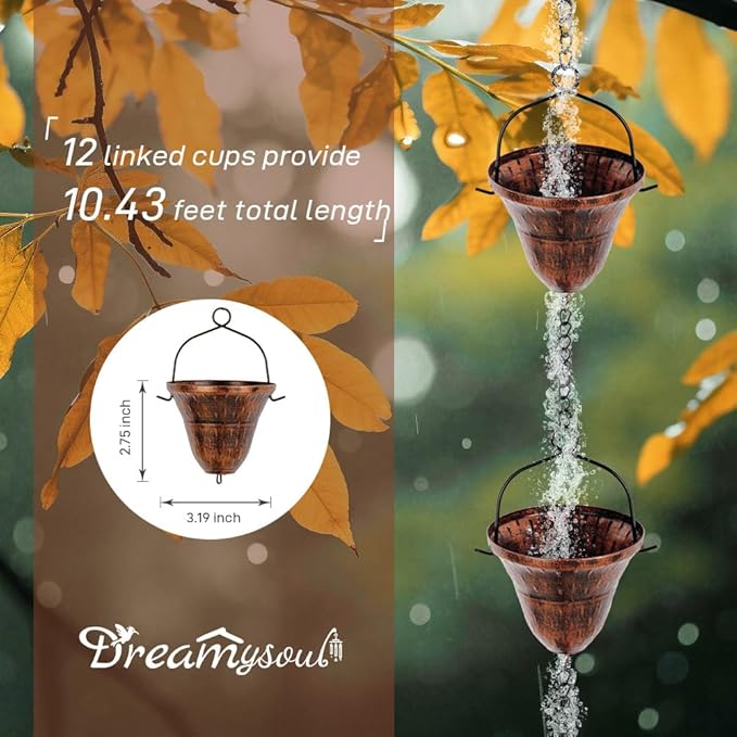 dreamysoul Copper Rain Chains for Outside, 10.43FT with 12 Cups Rain Catcher Chains for Downspout Gutters, Eaves Drainage