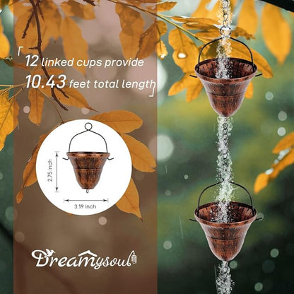 dreamysoul Copper Rain Chains for Outside, 10.43FT with 12 Cups Rain Catcher Chains for Downspout Gutters, Eaves Drainage