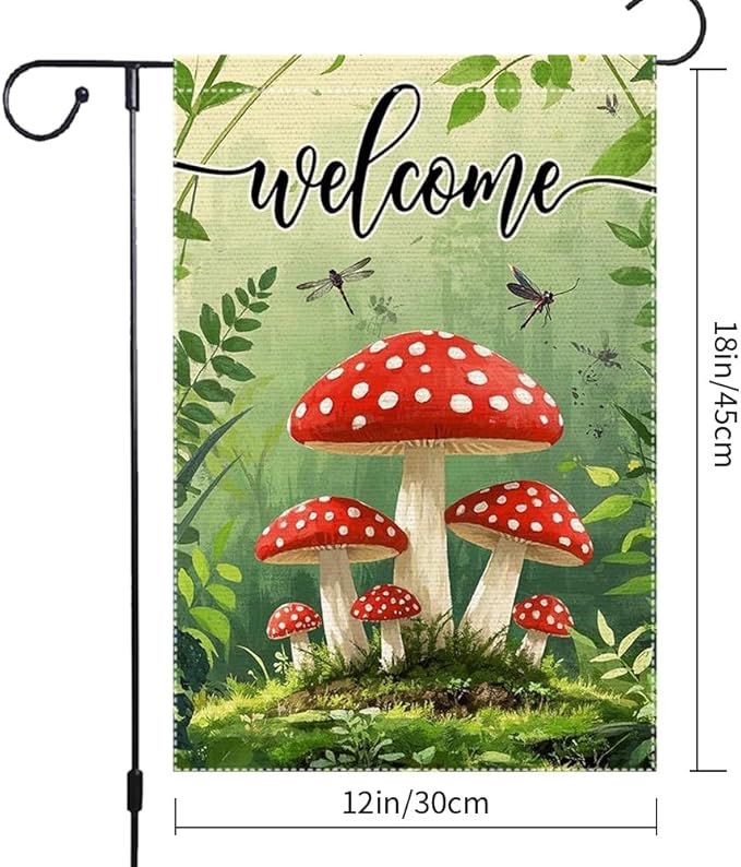 Welcome Spring Summer Mushrooms Garden Flag 12x18 inch Double-Sided Small Burlap Yard Outside Lawn Rustic Farmhouse Decorations