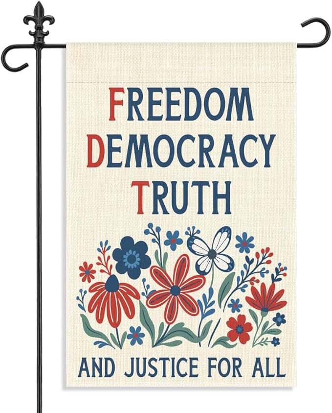 Freedom Democracy Truth and Justice for All Garden Flag, 12 x 18 Inch Double Sided Floral Outdoor Patio Garden Decor, Patriotic Yard Banner for Civic Engagement Advocate 4th of July Homeowner