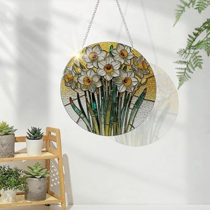 Acrylic Window Hanging, Yellow and White Daffodils Sun Catcher for Door Home Decor, Floral Window Wall Art, Housewarming Decor, Christmas Mother's Day Birthday Gifts for Her
