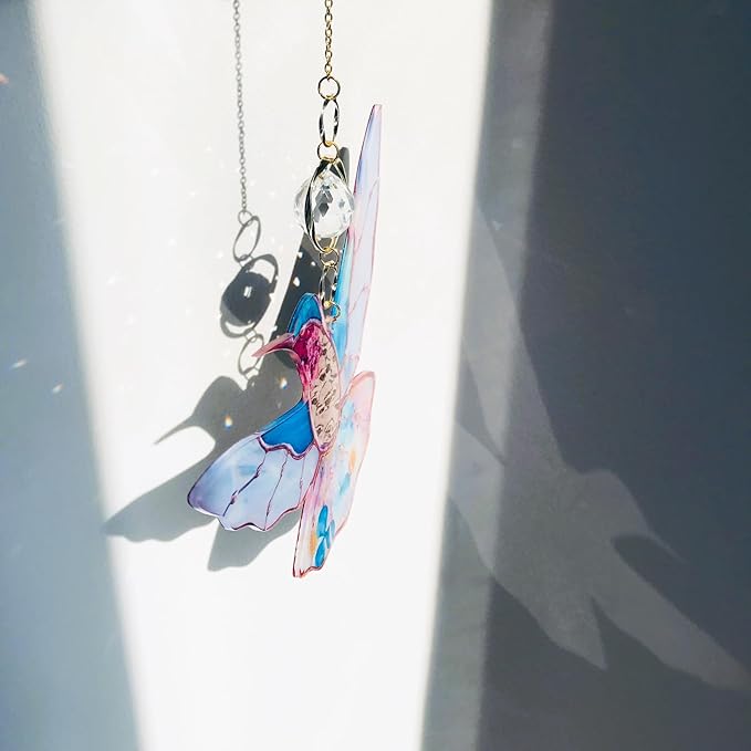 Blue Acrylic Hummingbird Flowers Garden Suncatcher Window Hanging Crystal Prism Rainbow Maker Sun Catcher Ornaments Birthday Christmas Thanksgiving Gifts for Mom Grandma Sister Bird Lovers