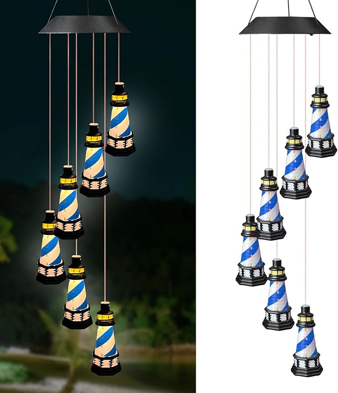 Lighthouse Wind Chimes Outdoors Solar Hanging Lighthouse Decorative Outdoor Lighthouse Solar Lighthouse Windchime（Blue）