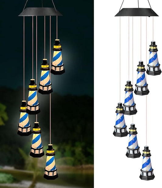 Lighthouse Wind Chimes Outdoors Solar Hanging Lighthouse Decorative Outdoor Lighthouse Solar Lighthouse Windchime（Blue）