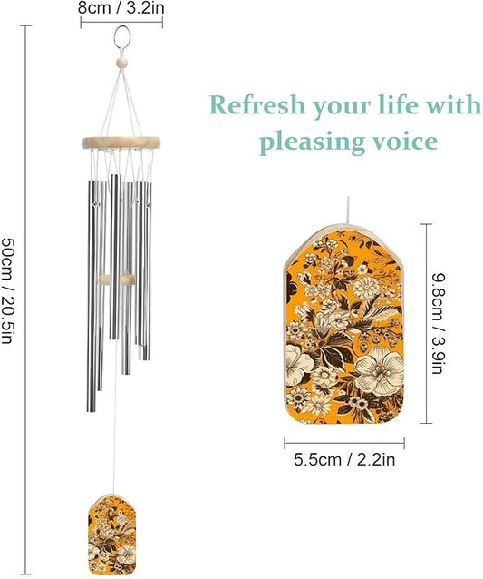 Wind Chimes for Outside,Yellow Background Flowers Printed Cute Aluminium Windchimes Outdoors,Soothing Melodic Memorial Wind Chime for House Porch Patio Garden Balcony Decor