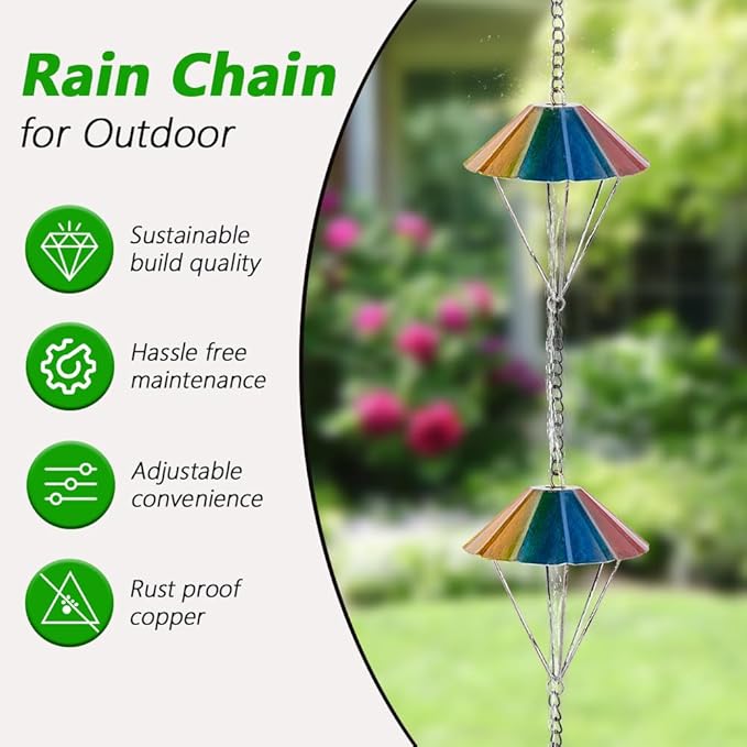 9.6 Ft Rain Chains for Outside, Colorful Parachute Shape Rain Catcher Chain with 10 Cups for Eaves Drainage, Replacement Downspout for Gutters