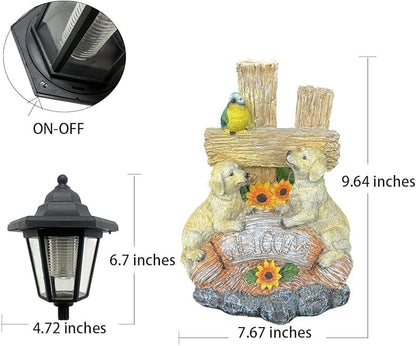 Outside Dog Statue with Solar Lantern, Garden Welcome Sign Dog Solar Figurines Light, Patio Outdoor Decoration, Balcony Lawn Decor, Unique Birthday House Warming Gift for Women, Mom, Grandma