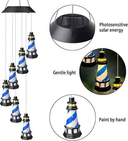 Lighthouse Wind Chimes Outdoors Solar Hanging Lighthouse Decorative Outdoor Lighthouse Solar Lighthouse Windchime（Blue）
