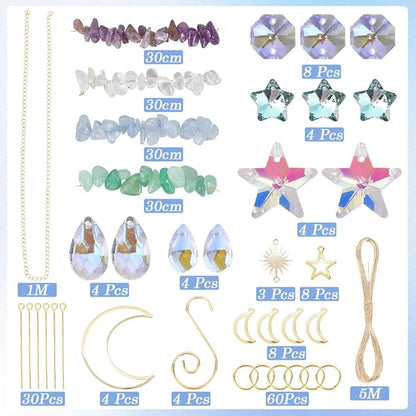 SUNNYCLUE 1 Box DIY 4 Sets Suncatcher Making Kits Sun Catchers Kit Moon Suncatchers Amethyst Kyanite Green Aventurine Opalite Chip Beads Hanging Sun Catcher for Windows Home Garden Party Wedding Decor