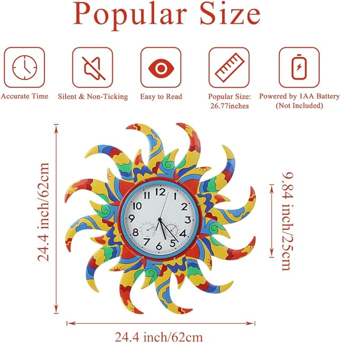 24 Inch Outdoor Clock Silent Non-Ticking, Outdoor Wall Clock with Thermometer & Humidity, Sun Outside Clock Decor for Patio, Living Room, Home Decor