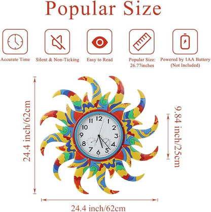 24 Inch Outdoor Clock Silent Non-Ticking, Outdoor Wall Clock with Thermometer & Humidity, Sun Outside Clock Decor for Patio, Living Room, Home Decor