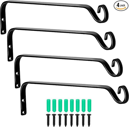 Aidoclip 4 Pack 7 Inch Plant Hanger Brackets for Outdoor Indoor Use, Wall Mounted Iron Hooks for Hanging Baskets, Bird Feeders, Lanterns, Wind Chimes, Rustic Black Garden Decor with Hardware