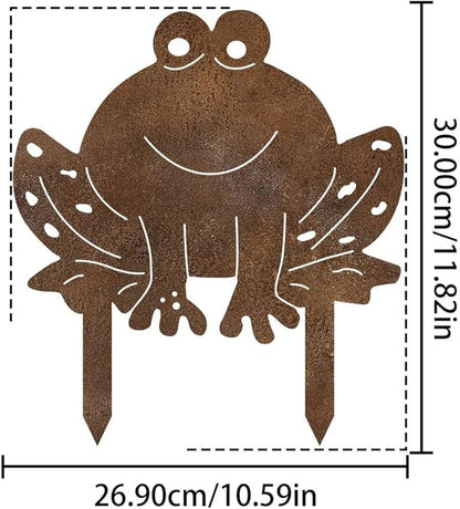 Rusty Metal Frog Garden Statue - Classic Outdoor Lawn Ornament, Durable Metal Silhouette Stake Decor for Yard, Patio, Weather-Resistant & Easy Ground Installation