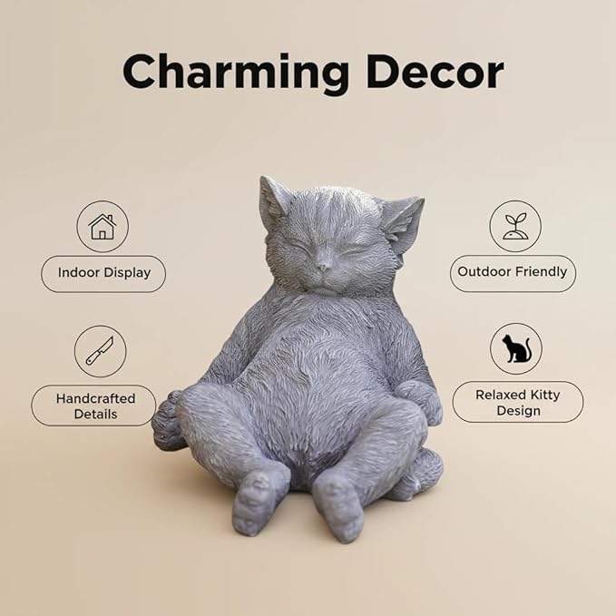 Stone Cat Garden Statue, Funny Resin Cat Figurine for Indoor & Outdoor Decor, Cute Relaxing Cat Sculpture for Patio Yard Lawn Porch Shelf, Cat Lover Gift, Weather Resistant, 9.8" L x 5.9" W x 6.7" H
