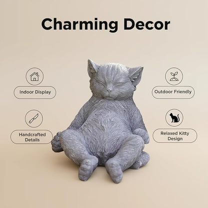 Stone Cat Garden Statue, Funny Resin Cat Figurine for Indoor & Outdoor Decor, Cute Relaxing Cat Sculpture for Patio Yard Lawn Porch Shelf, Cat Lover Gift, Weather Resistant, 9.8" L x 5.9" W x 6.7" H