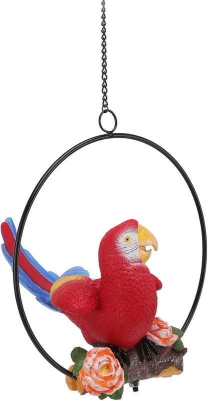 Hanging Iron Ring Parrot Statue, Garden Hanging Parrot Decor, Resin Parrot Craft with Metal Ring for Courtyard Balcony Lawn Outdoor Indoor Decoration