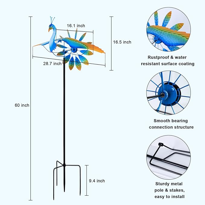 hogardeck Wind Spinner Outdoor, 60" Metal Peacock Wind Spinner with Heavy-Duty Stakes, Multi-Color 360° Rotating Wind Sculpture Kinetic Yard Art for Home Outside Garden Lawn Backyard Patio Decor