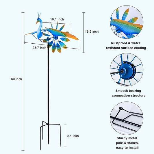 hogardeck Wind Spinner Outdoor, 60" Metal Peacock Wind Spinner with Heavy-Duty Stakes, Multi-Color 360° Rotating Wind Sculpture Kinetic Yard Art for Home Outside Garden Lawn Backyard Patio Decor