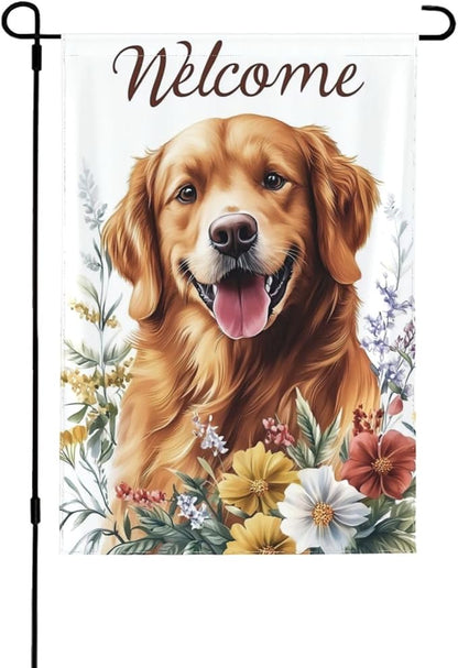 Golden Retriever With Floral Garden Flags 12×18 Inch Double Sided Decorative Yard Banner Seasonal Flag for Outdoor Outside Decor