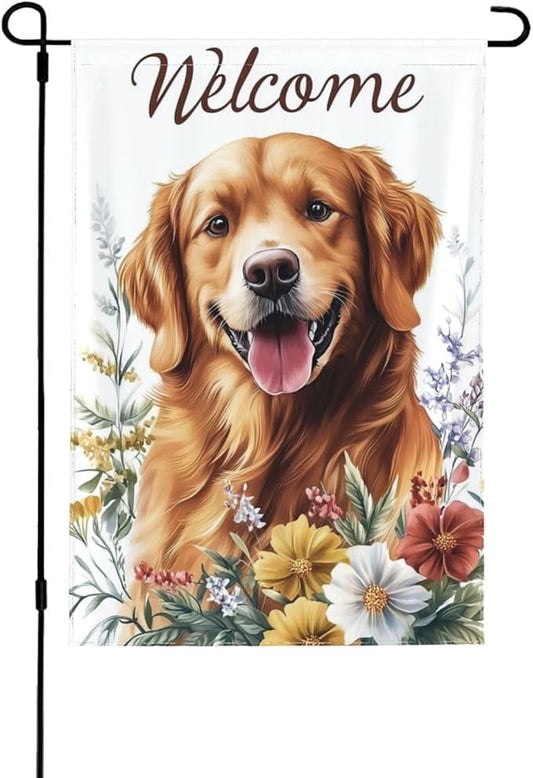 Golden Retriever With Floral Garden Flags 12×18 Inch Double Sided Decorative Yard Banner Seasonal Flag for Outdoor Outside Decor