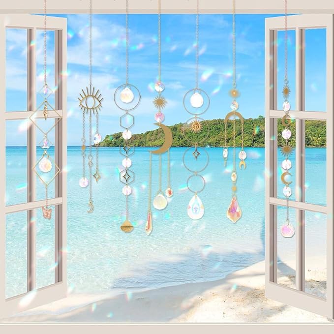 Sun Catchers, 10 Pieces Colorful Crystal Suncatcher with Chain Pendant Ornaments Hanging Crystals Prism Rainbow Maker for Windows Indoor Outdoor Car Mirror Garden Decor Wedding Party Xmas Gift (10)