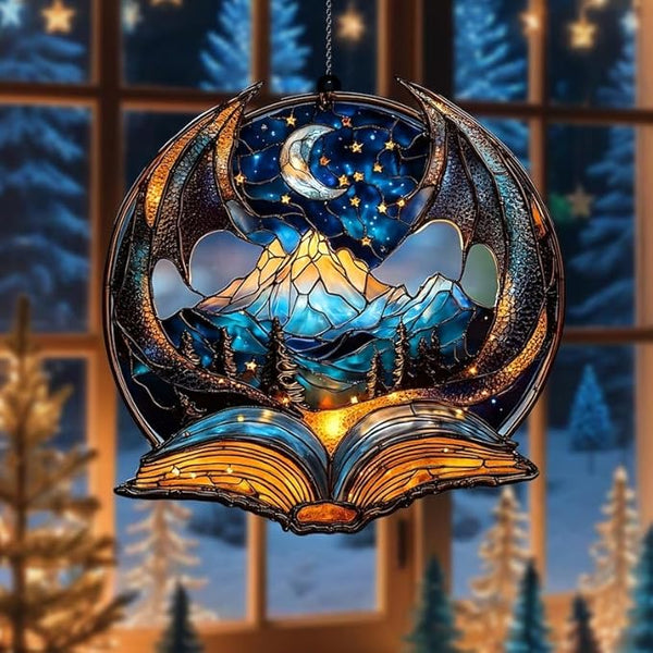 Dragon and Books Bookish Acrylic Suncatcher, Book Suncatchers for Window Hangings, Bookish Gifts for Readers Book Lovers Bookworm, Gift for Mother's Day, Women, Mom, Wife, Grandma