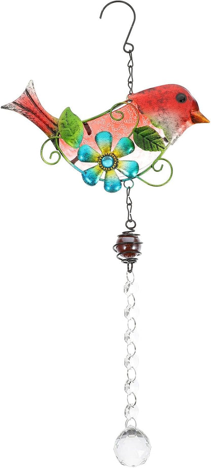 BESPORTBLE Creative Red Bird Hanging Ornament Glass and Iron Garden Statue Scene Tree Adornment Courtyard Decoration Stained Glass Window Hanging Art Craft