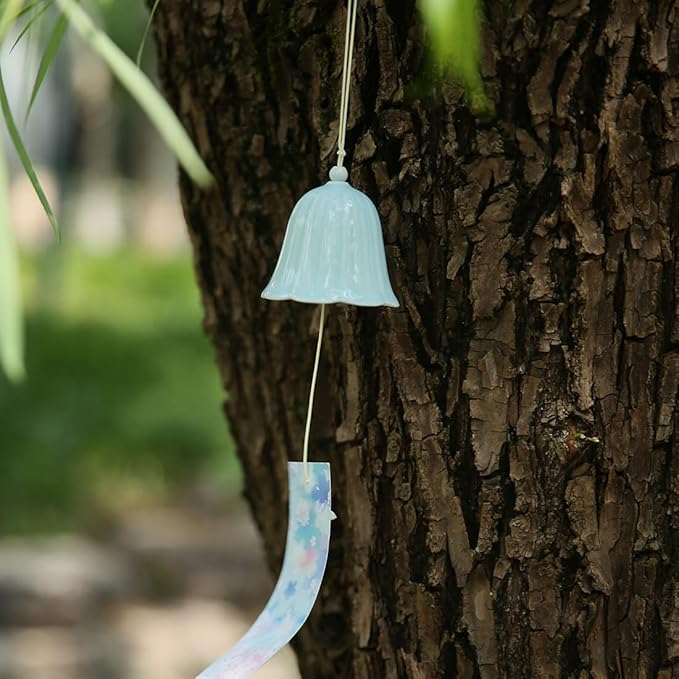 Ceramic Small Japanese Wind Chimes Outdoor, Cute Handmade Pendants Wind Bells/Wind Chimes for Outside with Soothing Melodic Tones for Garden Patio Balcony Home Décor (Blue)
