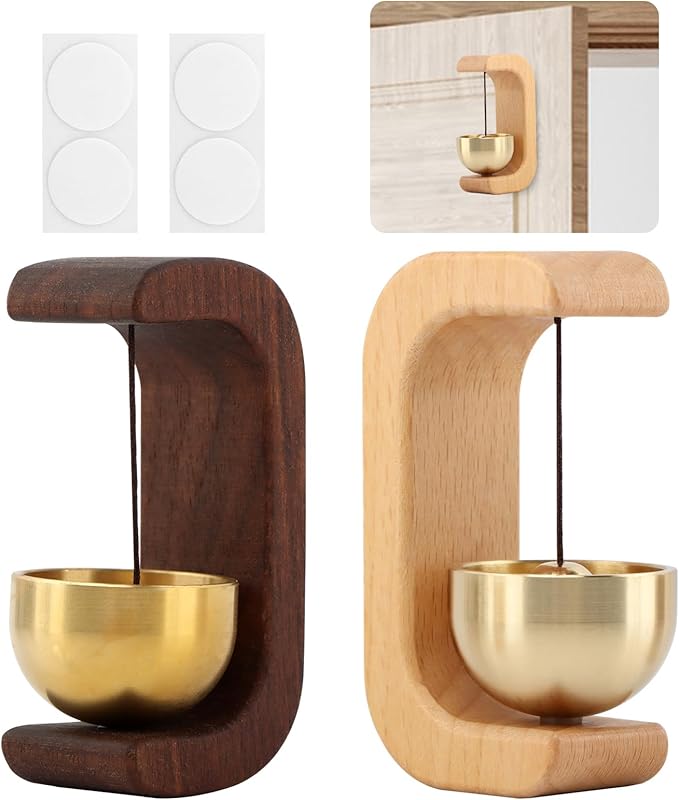 2Pcs Magnetic Shopkeepers Bell for Door Opening - Vintage Wooden Wind Chime Doorbell with Brass Bell, Wireless Adhesive Door Chime for Housewarming Gift Refrigerator Room Garden(Brown，Light)
