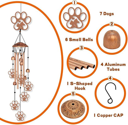 ORIGACH Metal Paw Print Wind Chimes Dogs Cat Pet Wind Chime Gifts for Pet Lover Deep Tone Suitable for Outdoor, Indoor, Balcony, Garden, Courtyard, Porch, 30-Inch Long